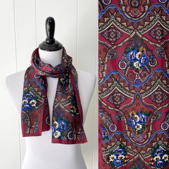 VERA NEUMANN Burgundy Blue Floral Rectangular Silk Scarf 11” X 52” - Picture 1 of 11